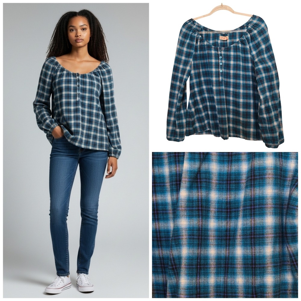 Ocean Pacific Y2K Blue Plaid Long Sleeve Button Front Scoop Neck Top Womens Sz L